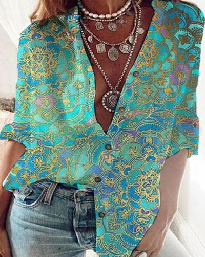 Women Vintage Floral Print Shirt Collar Long Sleeve Shirts