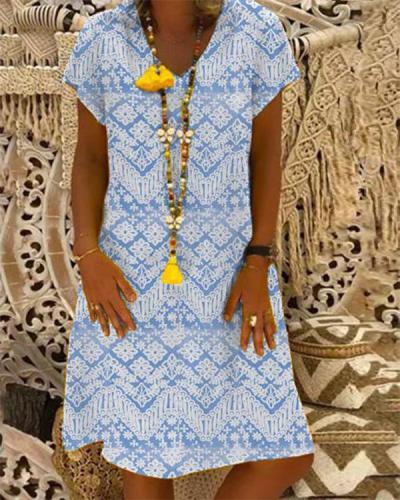 Tribal Short Sleeve A-Line Printed Dresses