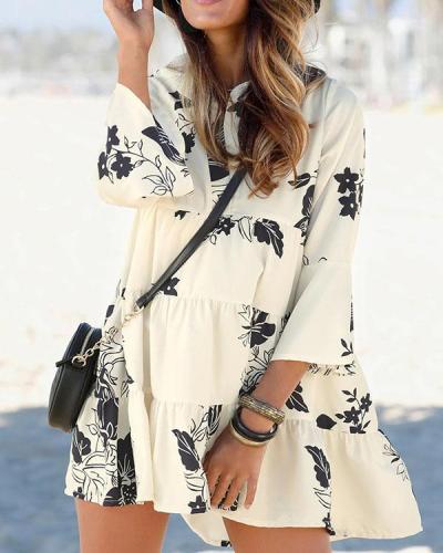 Loose Fit V Neck Ruffle Sleeve Floral Dress