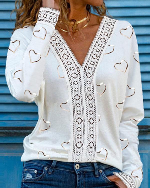 Print V Neck Lace Hollow Long Sleeves Casual Blouses