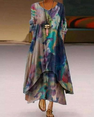 Asymmetric A-Line Casual Crew Neck Tie Dye Maxi Dresses