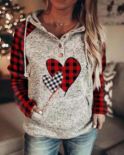 Women's Color-block Plaid Long-sleeve Pocket Hoodie