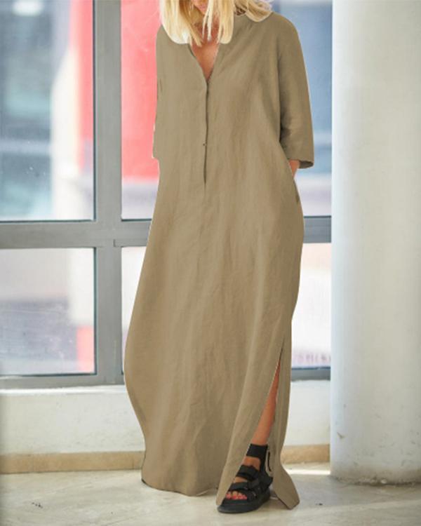 Women's V-neck Solid Color Linen Dress