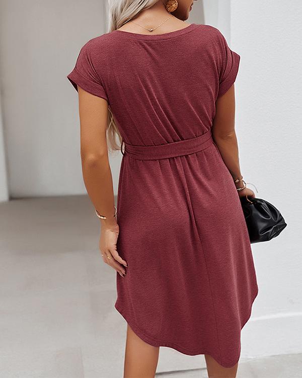 Holiday Solid Color Short Sleeve Dress