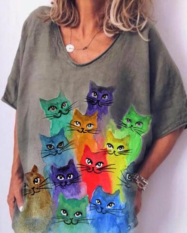Cat Print Casual Short Sleeves Shirts & Top