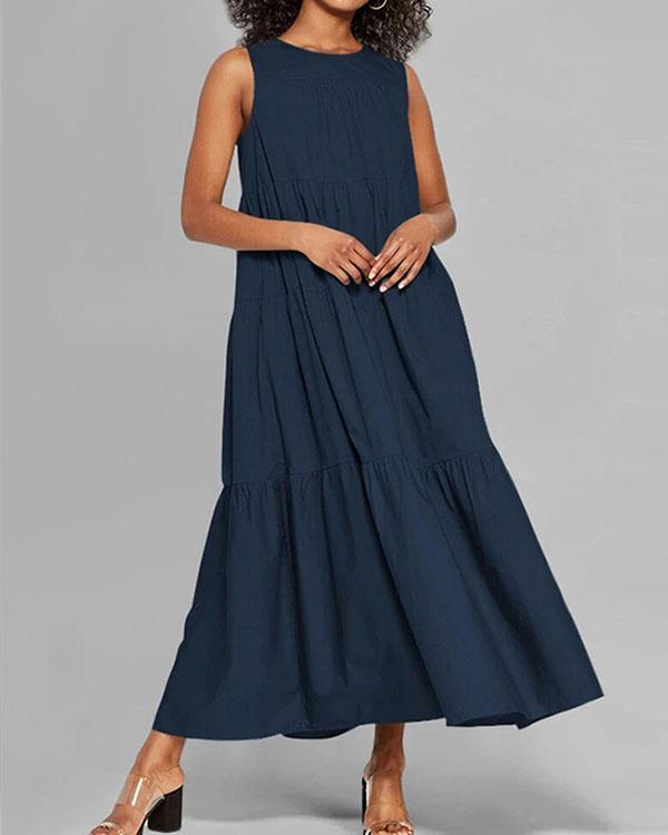 Fashion Round Neck Plain Ruffle Big Hem Maxi Dress