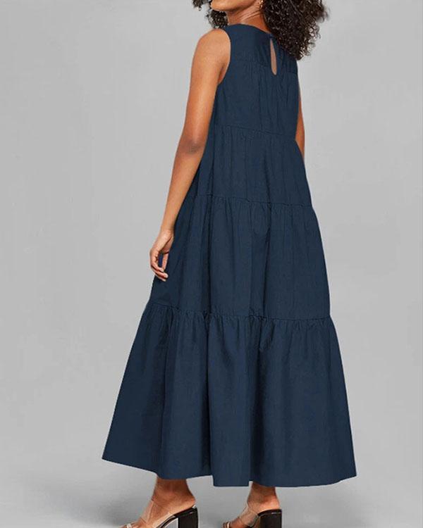 Fashion Round Neck Plain Ruffle Big Hem Maxi Dress