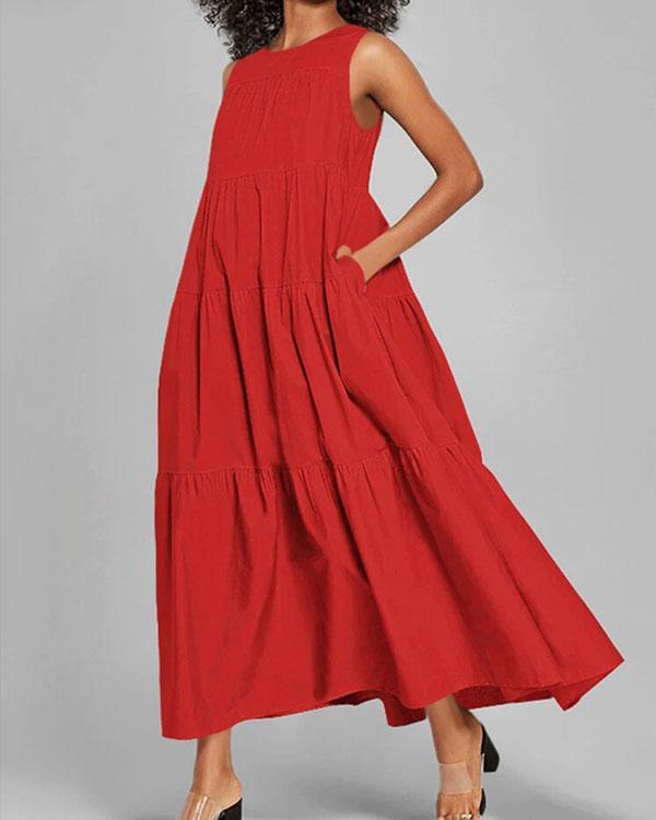 Fashion Round Neck Plain Ruffle Big Hem Maxi Dress