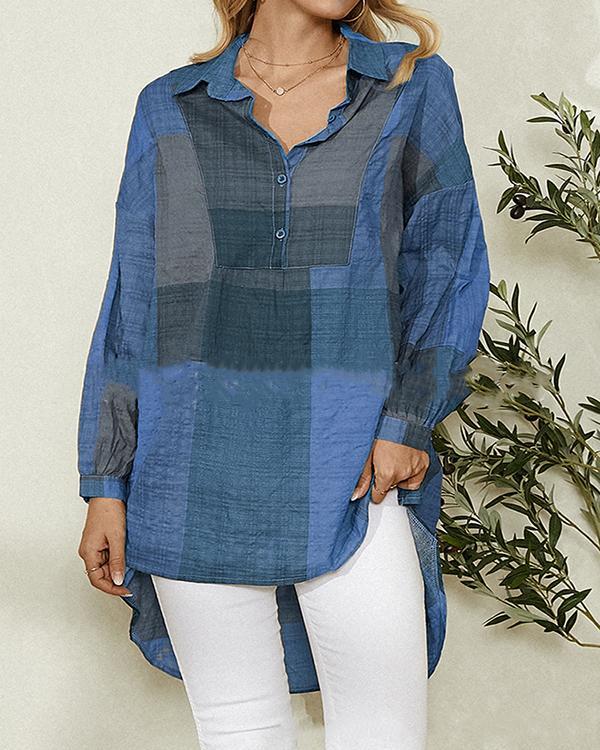 Contrast Color Block Shirt Collar Long Sleeve Casual Blouse For Women