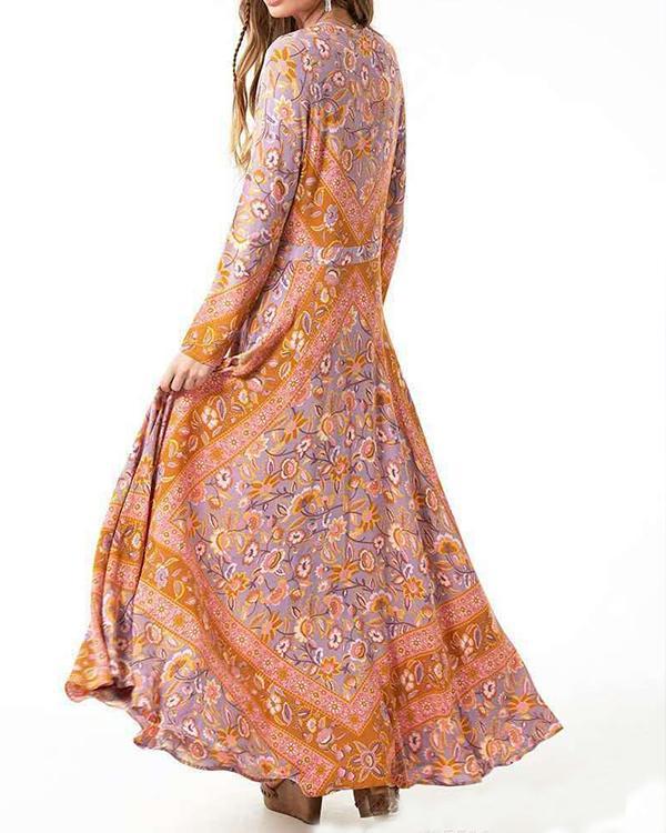 Bohemian Long Sleeve Floral Printed V Neck Maxi Dress