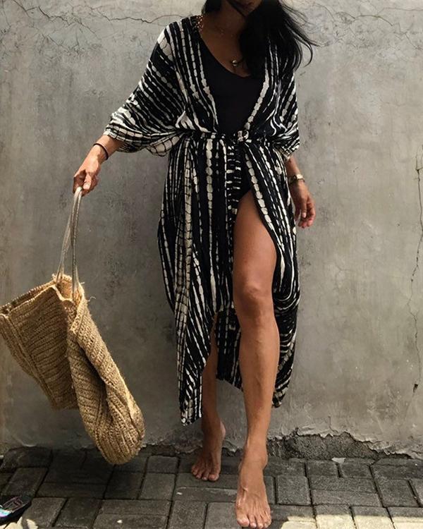 Bikini Cover-ups Retro Striped Self Belted Women Summer Kimono Dress Beach Wear