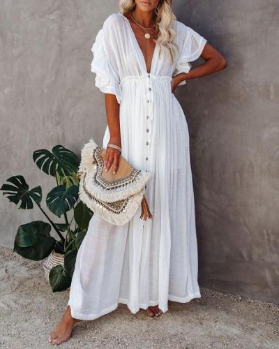 Women Long Maxi Dress Solid V neck Ladies Holiday Dress