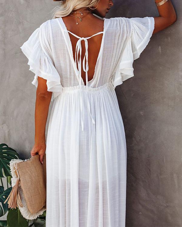 Women Long Maxi Dress Solid V neck Ladies Holiday Dress