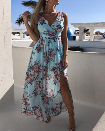 Sleeveless Floral Printed Holiday Beach Slit Maxi Dress