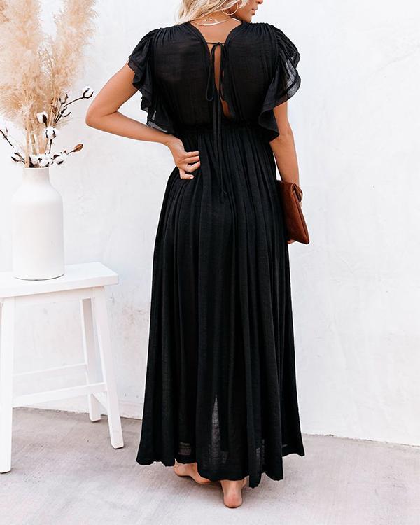 Women Long Maxi Dress Solid V neck Ladies Holiday Dress