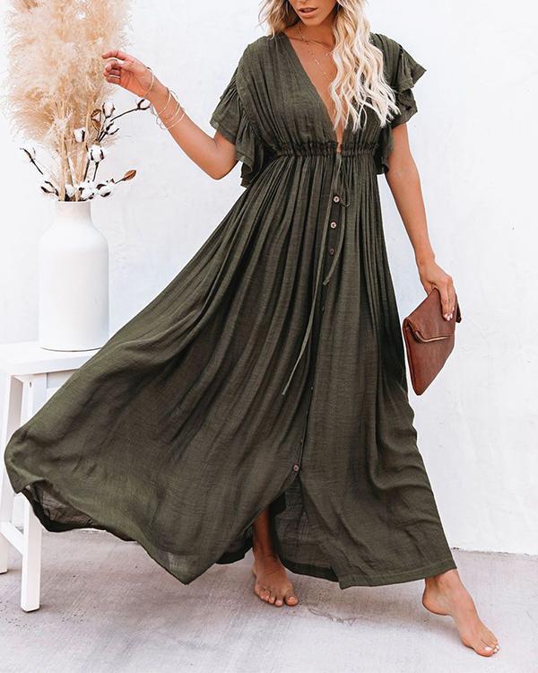 Women Long Maxi Dress Solid V neck Ladies Holiday Dress