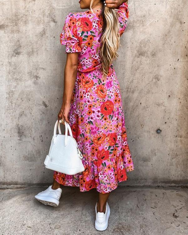 Button V Neck Short Sleeve Printed Elastic Waist Slit Maxi Dress