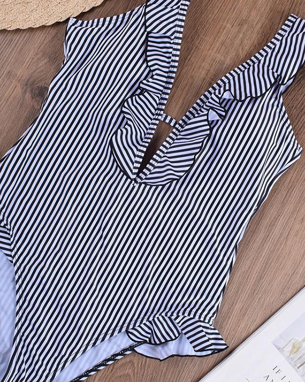 Striped V-neck One-piece Swimsuit