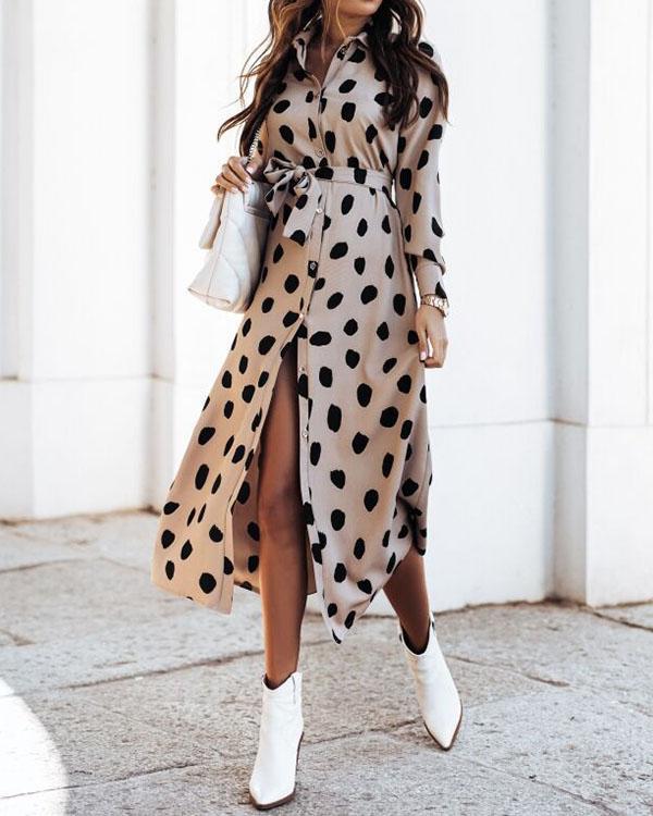 Spring Summer Button Bandage Waist Print Shirt Dresses With Belt