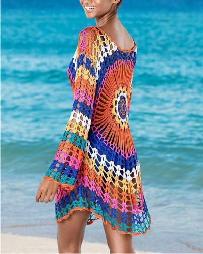 Handmade Crocheted Rainbow Long-sleeved Hollow Bikini Outer Smock