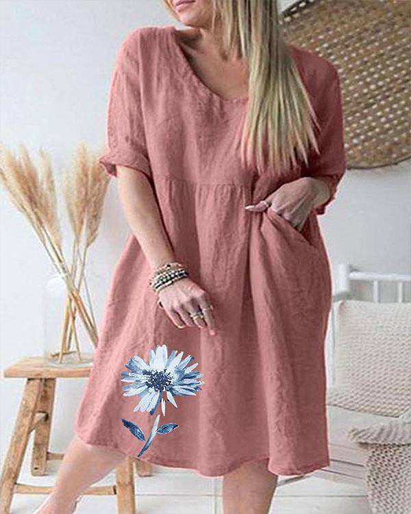 Casual V Neck Flower Print Pocket Linen Dresses