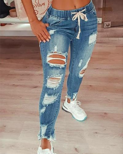 Fashion Casual Solid Ripped Mid Waist Regular Jeans