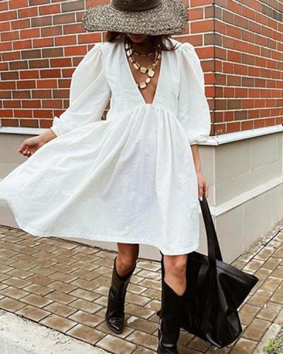 Deep V Neck Balloon Sleeves Solid Cotton Dress