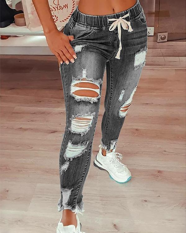 Fashion Casual Solid Ripped Mid Waist Regular Jeans