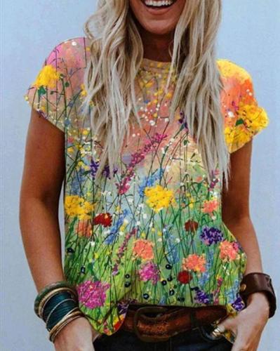 Flower Oil Painting Print T-shirt