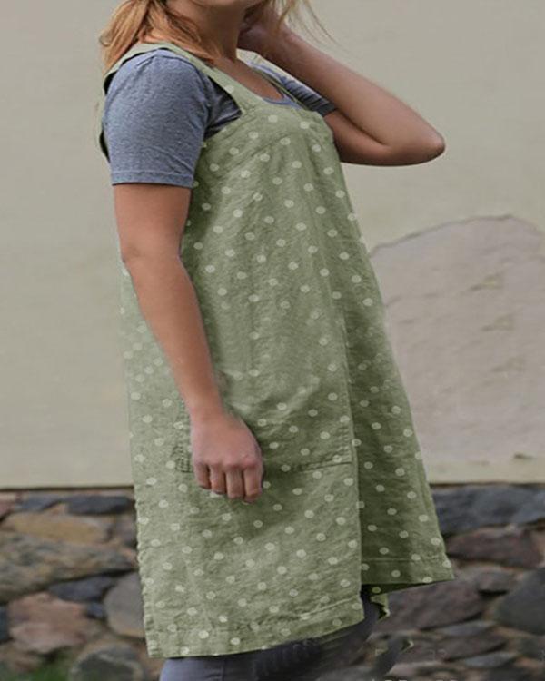 Dot Print Double Pockets Apron Linen Dress