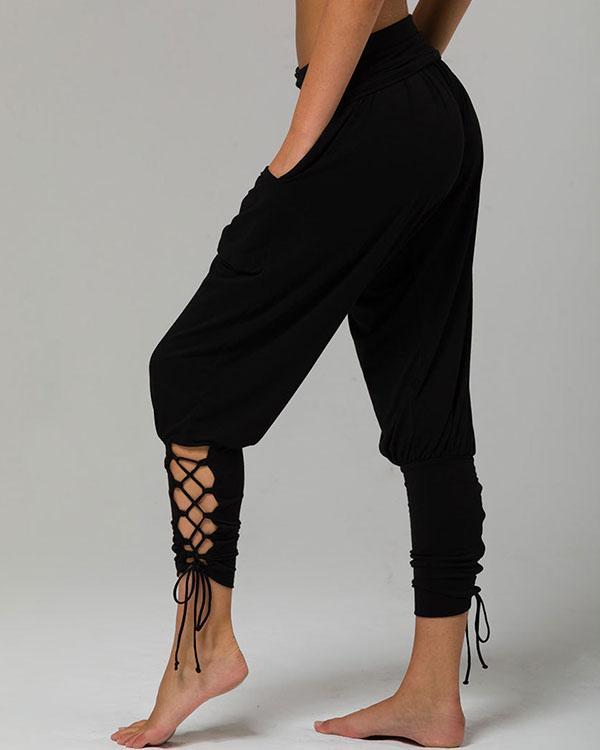 Pure Color High Waist Pockets Casual Lace up Pants