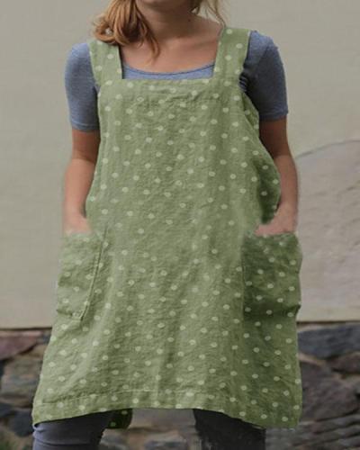 Dot Print Double Pockets Apron Linen Dress