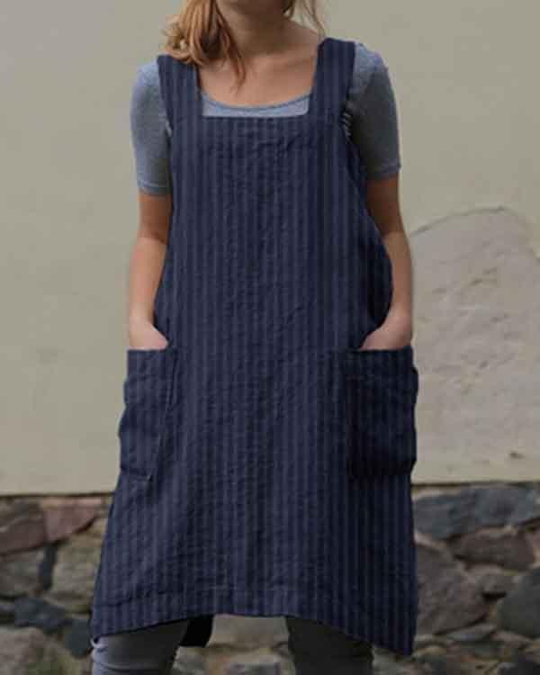 Stripe Print Double Pockets Apron Linen Dress