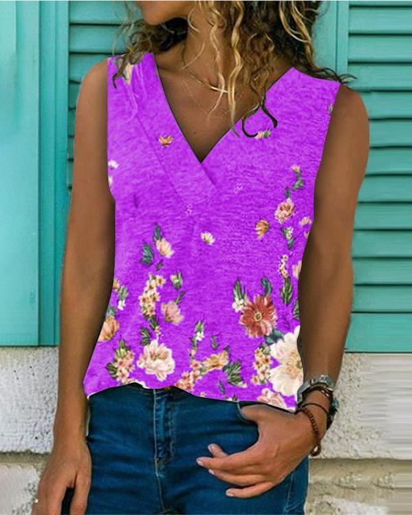 Women V-Neck Sleeveless Print Casual Tops