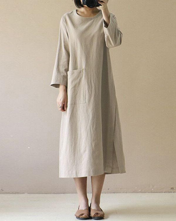 Women Long Sleeve Solid Loose Plus Size Casual Linen Dresses