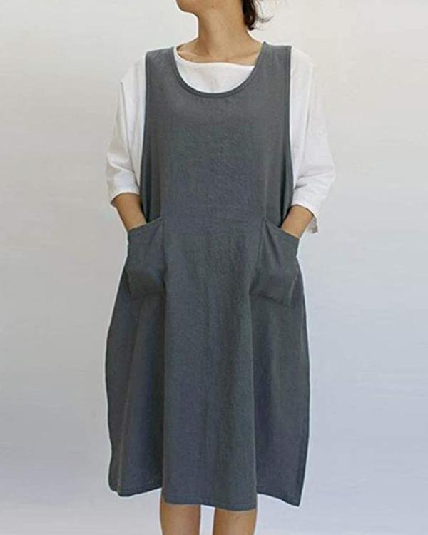 Vintage Apron Overall Pinafore Midi Dress With Pockets