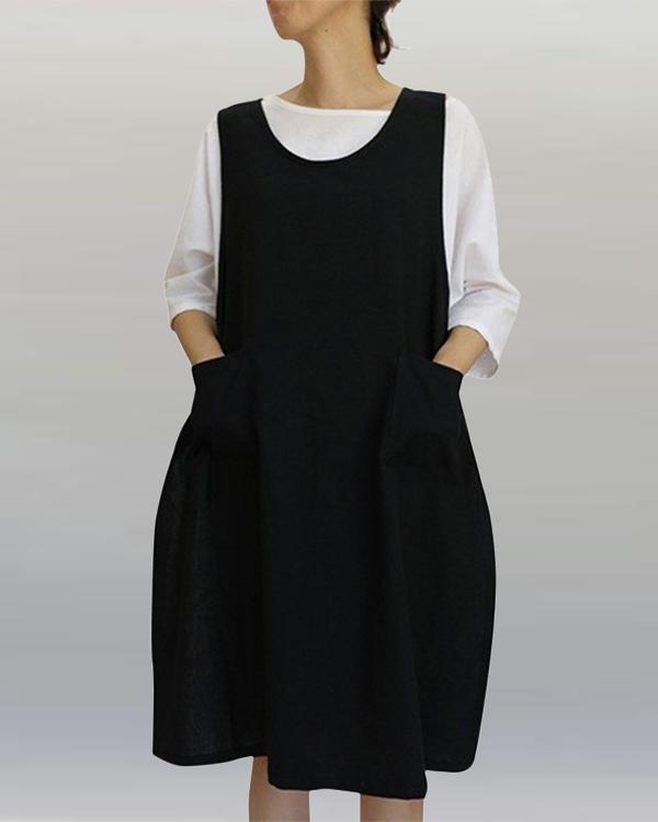 Vintage Apron Overall Pinafore Midi Dress With Pockets