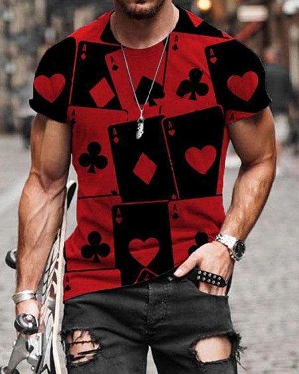 Mens Fashion Poker/Geometry/Bone Print Short Sleeve T-shirt