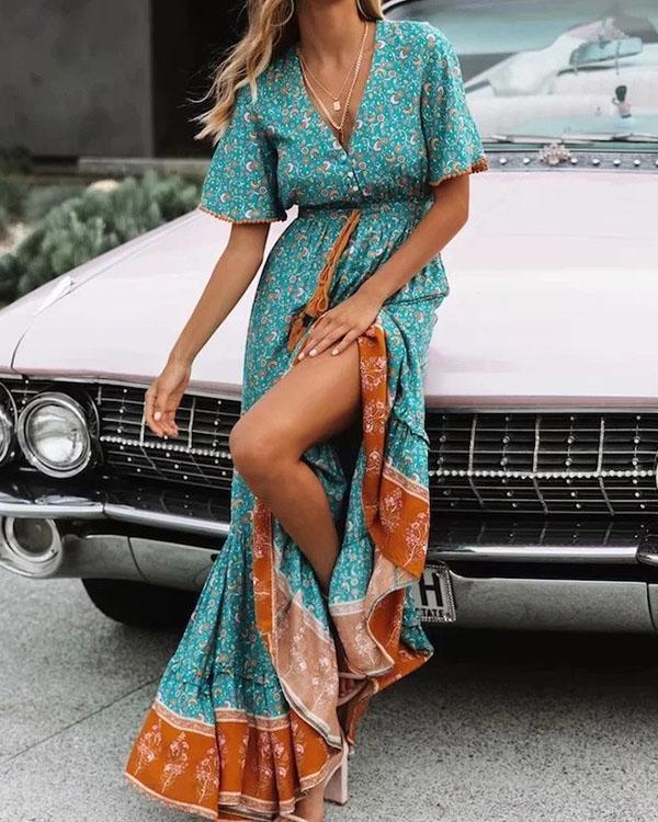 Bohemian Short Sleeves Holiday Lace-up Waist Maxi Dresses