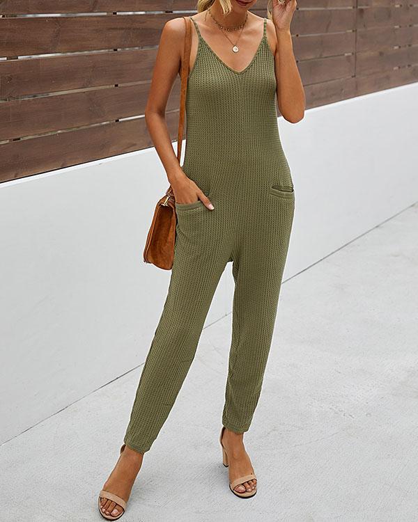 Womens Cotton Casual Spaghetti Strap Pockets Jumpsuit Overalls