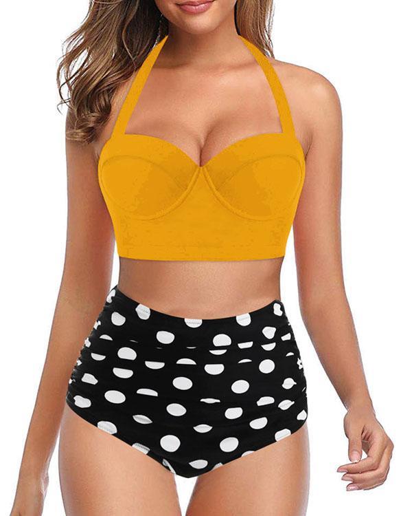 Halter Neck Polka Dot Tie Dye Bikini Sets