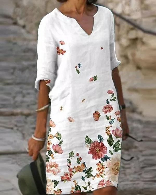 Casual Floral Shirt V-Neckline Shift Dress