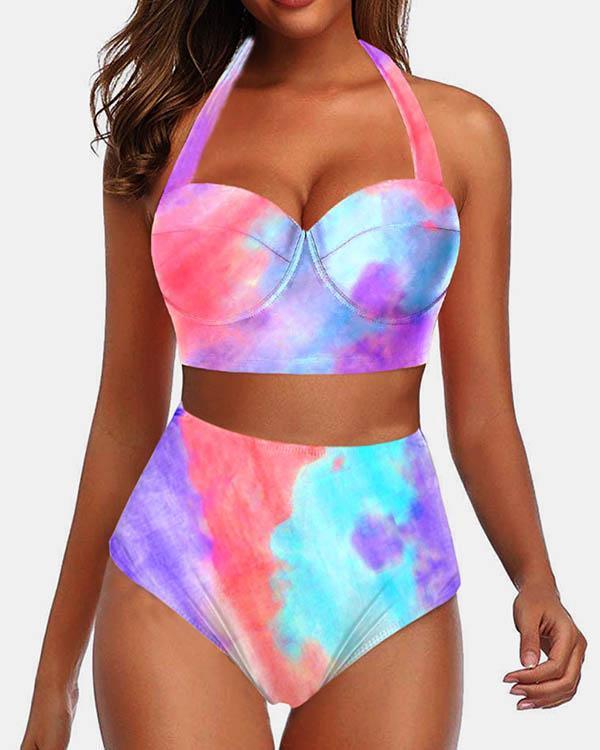 Halter Neck Polka Dot Tie Dye Bikini Sets