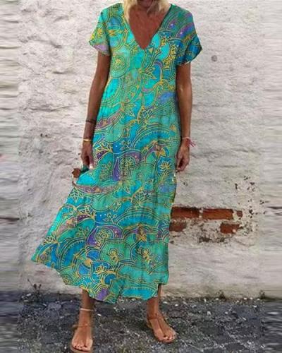Boho Floral V-Neckline Short Sleeve Maxi Dress