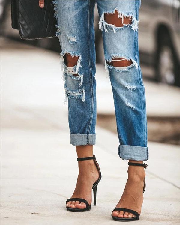 Fashion Mid Waist Ripped Wash Denim Distressed Jeans