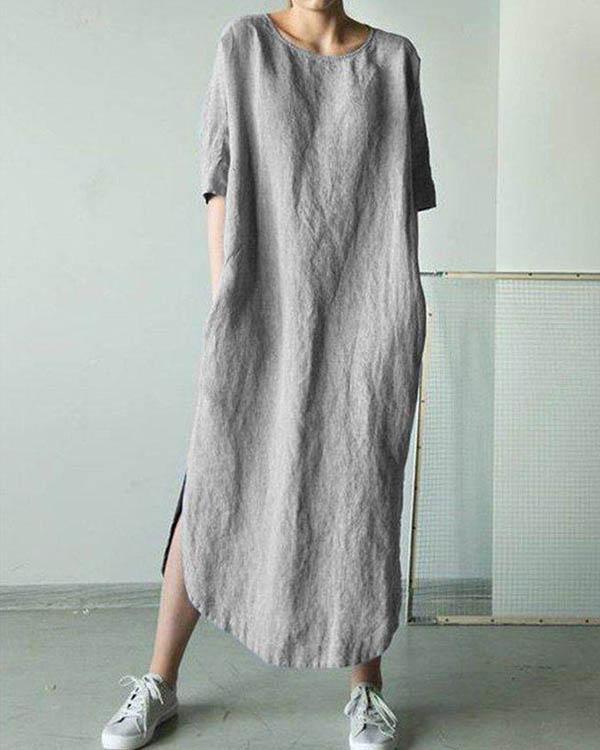 Solid Short Sleeve Straight Slit Linen Dresses