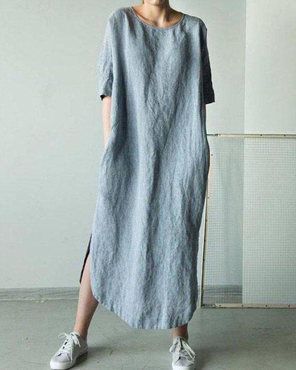 Solid Short Sleeve Straight Slit Linen Dresses