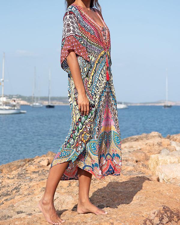 Printed Sleeved Tie Front V Neck Maxi Cover Up