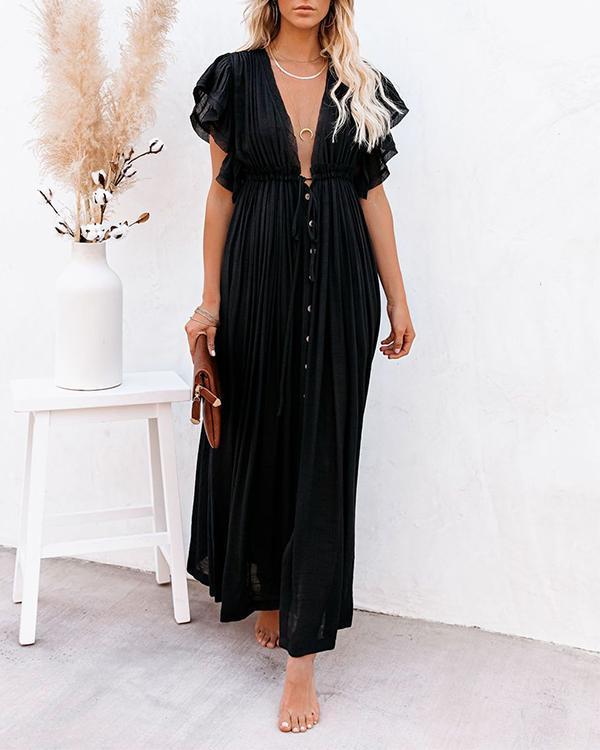 Women Long Maxi Dress Solid V neck Ladies Holiday Dress