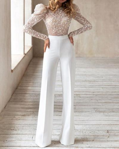 Sexy Round Neck Long Sleeve Sequins Jumpsuit